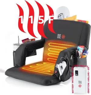 POP The Original Hot Seat, Dual Heat Stadium Chair with Back Support, Heats Seat and Back, 3 Heat Levels, 5 Pockets, 6 Reclining Positions, for Outdoor Sport Events, USB Battery Pack Included