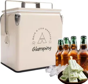 Portable Cooler 14 qt, Retro Vintage Classic Style Hard Metal Cooler with Handles & Bottle Opener, 18 Can Capacity, Ice Bucket for Camping, Beach, Picnic, RV, BBQs, Tailgating, Fishing