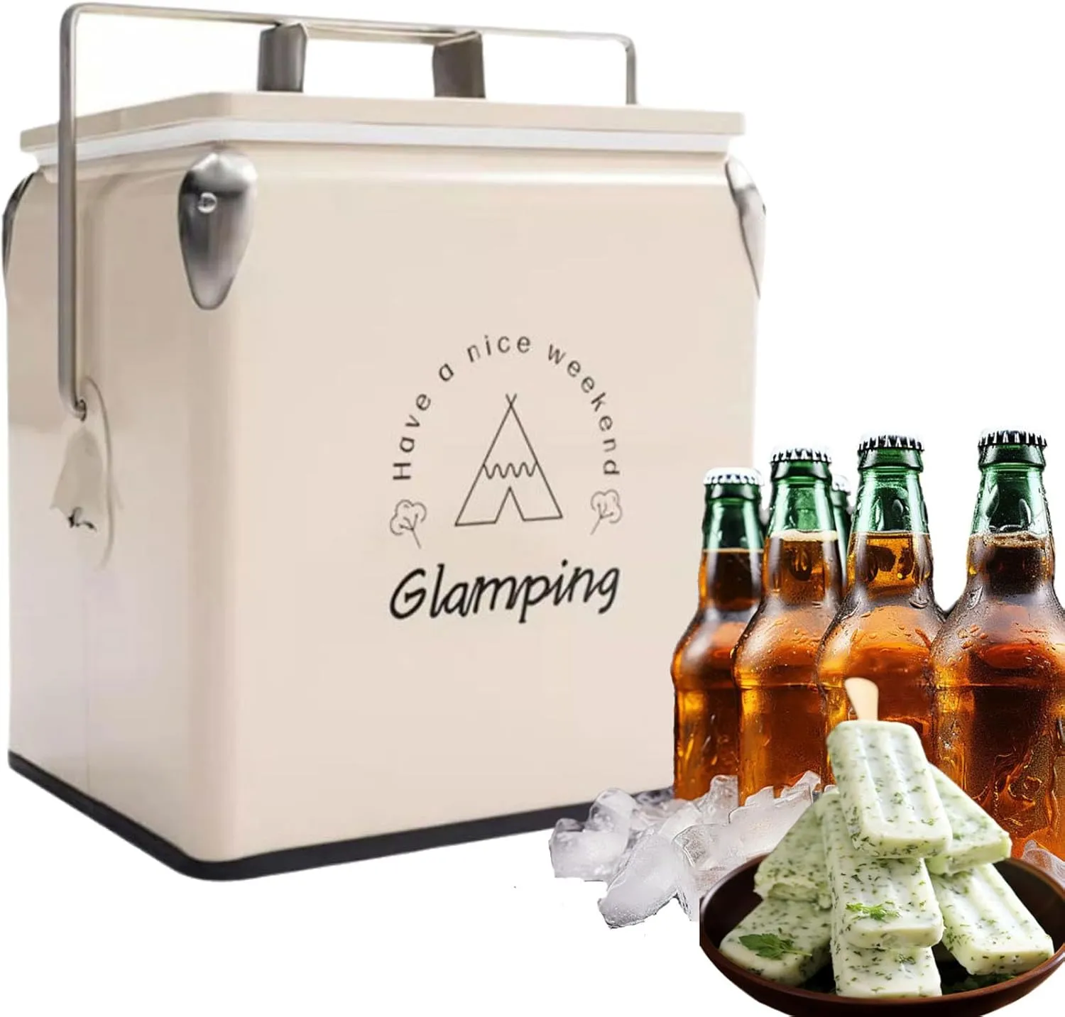 Portable Cooler 14 qt, Retro Vintage Classic Style Hard Metal Cooler with Handles & Bottle Opener, 18 Can Capacity, Ice Bucket for Camping, Beach, Picnic, RV, BBQs, Tailgating, Fishing