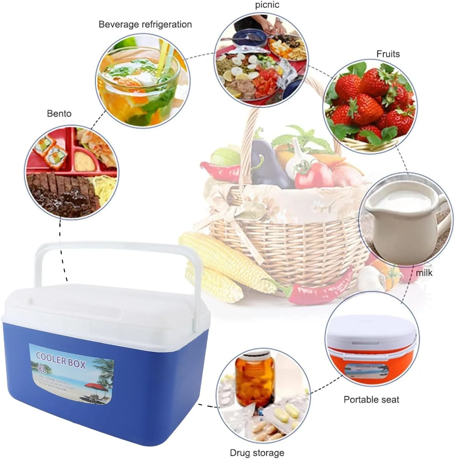 Portable Cooler, Picnic Cooler, 8L Insulated Portable Cooler - Versatile Hard Cooler Box for Efficient Warm & Cold Insulation of Drinks and Food - Ideal for Camping, Picnics