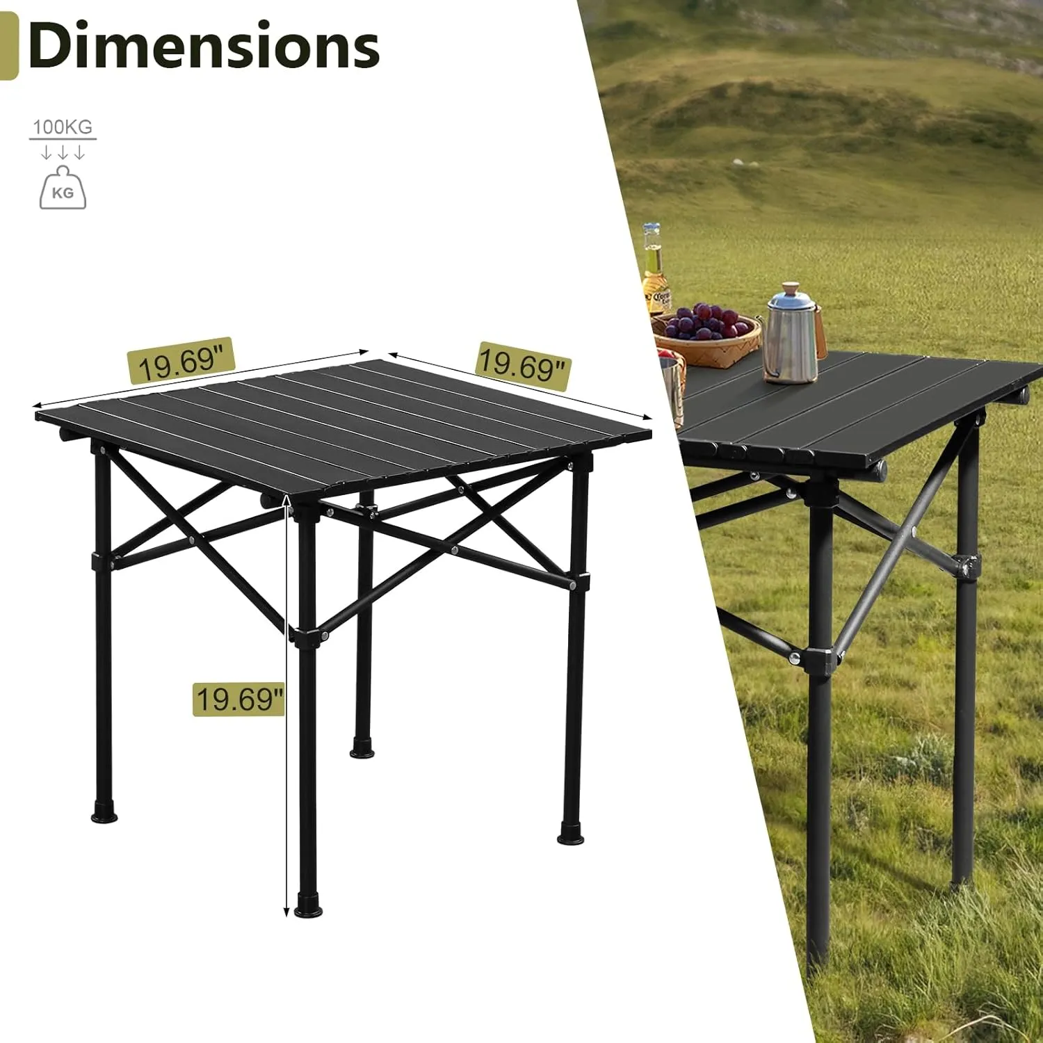 Portable Folding Camping Table, Aluminum Roll Up Camping Table Lightweight Portable Picnic Table Outdoor Folding Table with Easy Carrying Bag for Travel, Beach, Backyard, BBQ, Party (A-20”)