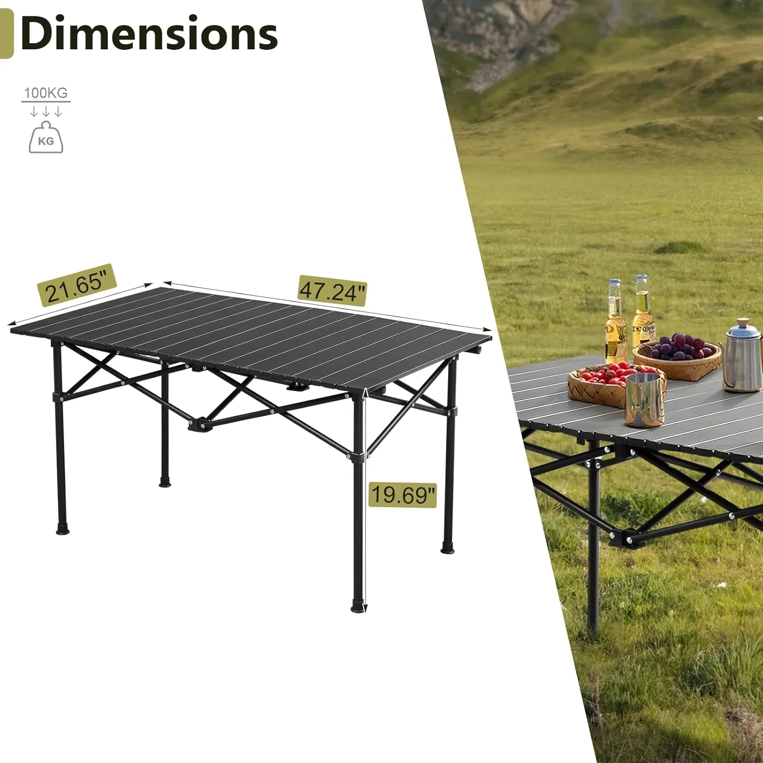 Portable Folding Camping Table, Aluminum Roll Up Camping Table Lightweight Portable Picnic Table Outdoor Folding Table with Easy Carrying Bag for Travel, Beach, Backyard, BBQ, Party (A-47”)