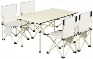 Portable Folding Table and Chairs, Aluminum Alloy Roll-up Table Top Folding Camping Table Lightweight Picnic Chair for Outdoor Garden BBQ (5pcsoffwhite50cm)