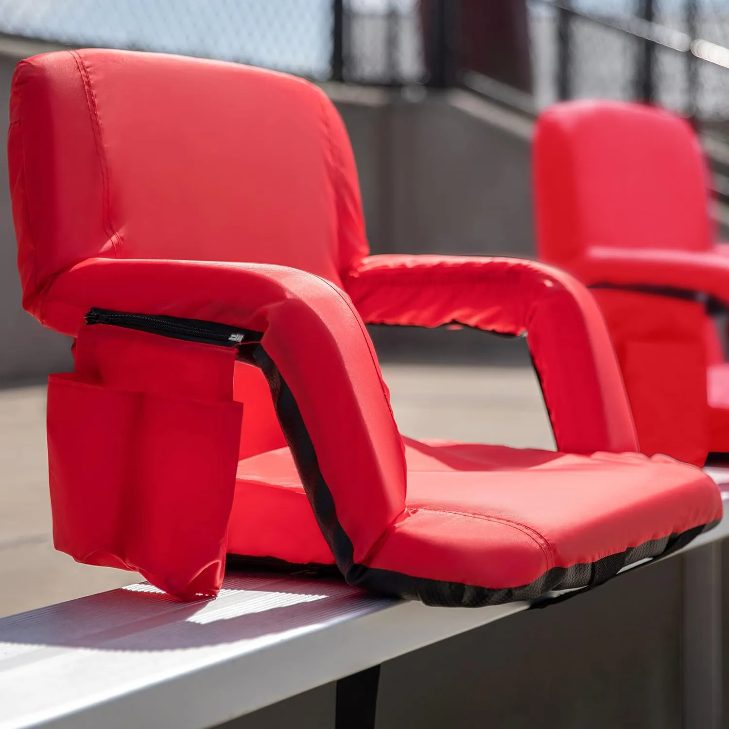 Portable Lightweight Reclining Stadium Chair - Red Padded Armrests, Back & Seat - Dual Storage Pockets - Backpack Straps - Rear Zippered Compartment
