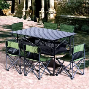 Portable Table Foldable Lightweight Outdoor Camp Portable Folding Table Net Chairs Set W/Carrying Bag 6 Chairs 1 Table for Camping Travelling BBQ Outdoor Camping Hiking and Picnic,