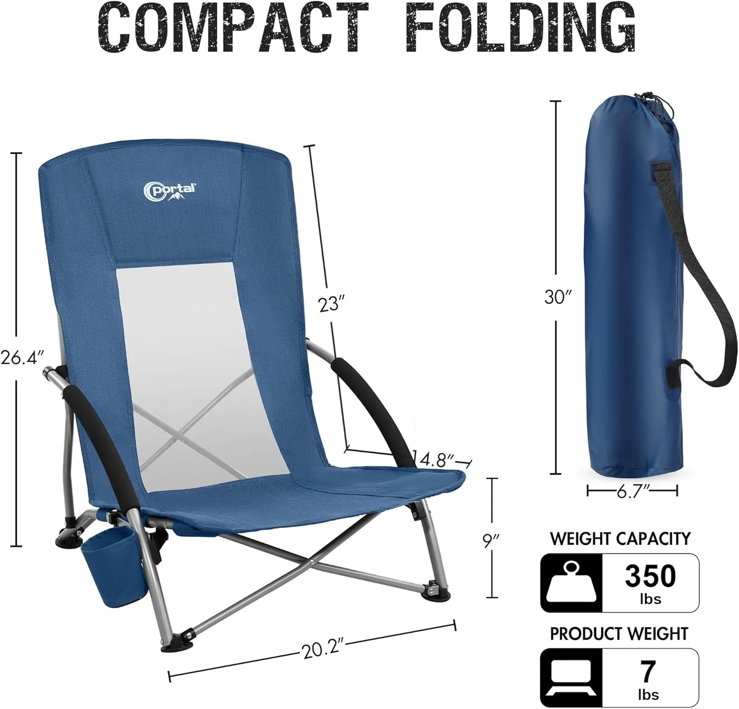 PORTAL Beach Chairs for Adults Camping Low Lightweight Portable Chair with Cup Holder Mesh Back Carry Bag for Outdoor Sand Lawn Travel Picnic Festival Concert, 350LBS