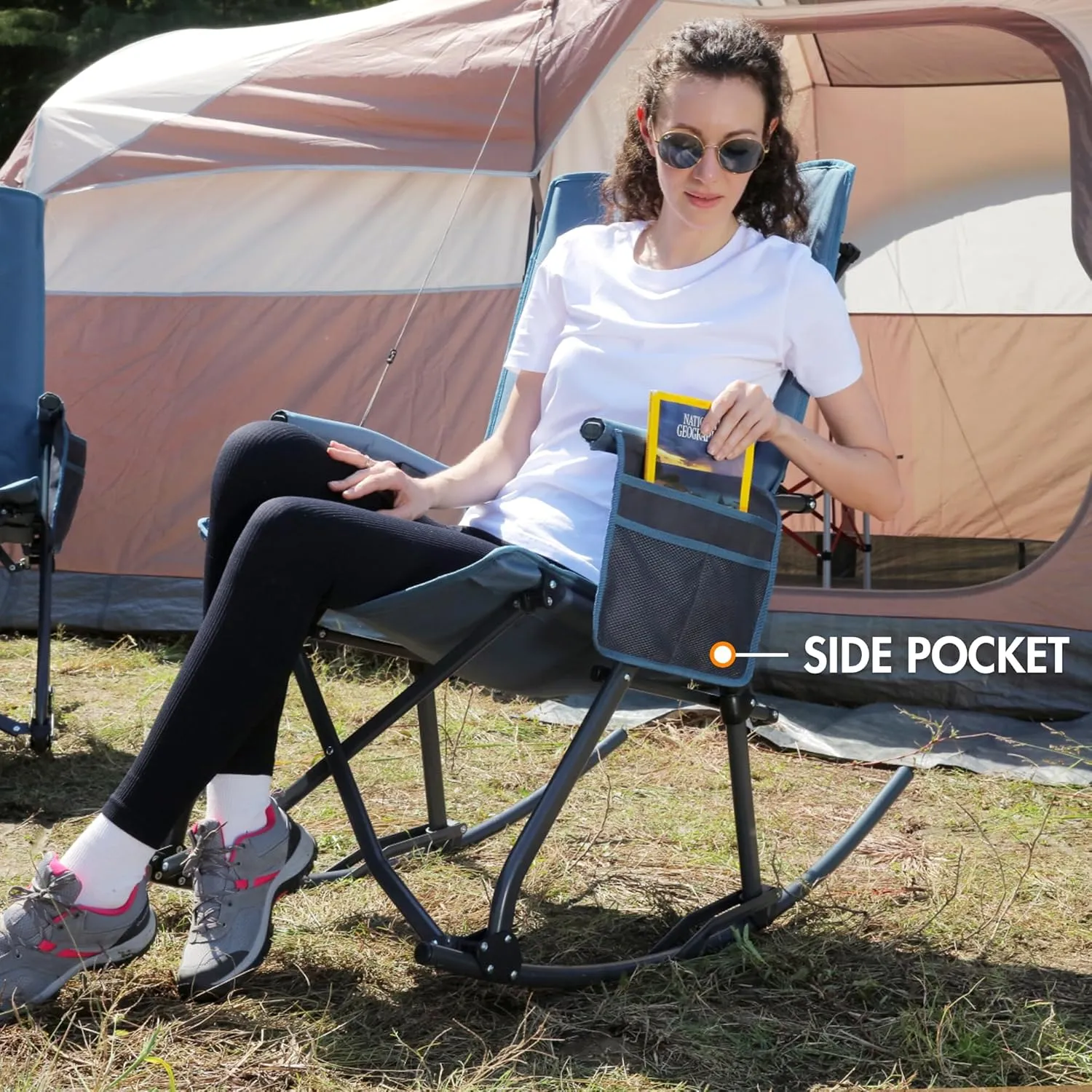 PORTAL Oversized Folding Rocking Camping Chair Portable Outdoor Rocker with High Back Hard Armrests Carry Bag, Supports 400 lbs, Mesh Back