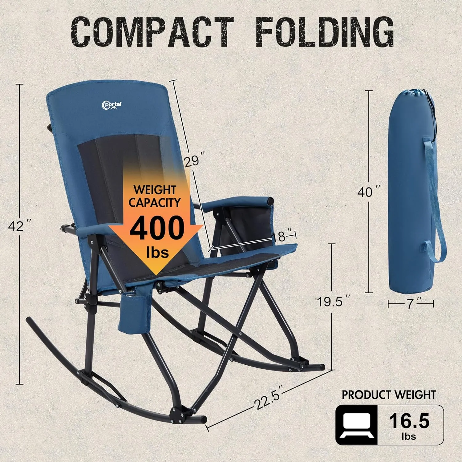 PORTAL Oversized Folding Rocking Camping Chair Portable Outdoor Rocker with High Back Hard Armrests Carry Bag, Supports 400 lbs, Mesh Back