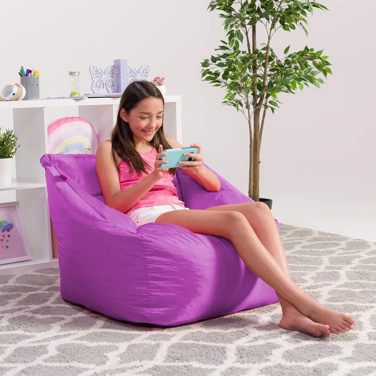 Posh Creations Coronado Bean Bag Boys and Girls Large Chair for Kids, for Gaming and Playrooms, Soft Nylon-Purple, Large Bean Bag