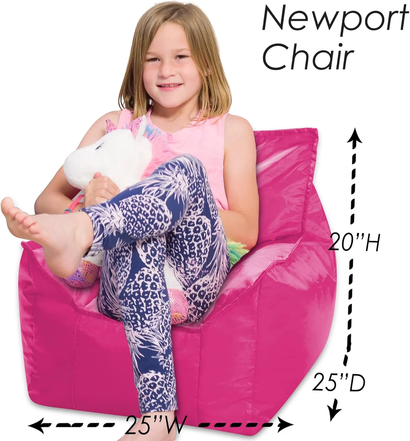 Posh Creations Newport Bean Bag, Relaxing Chair for Kids Use for Gaming, Reading and Watching TV, Medium, Soft Nylon - Pink