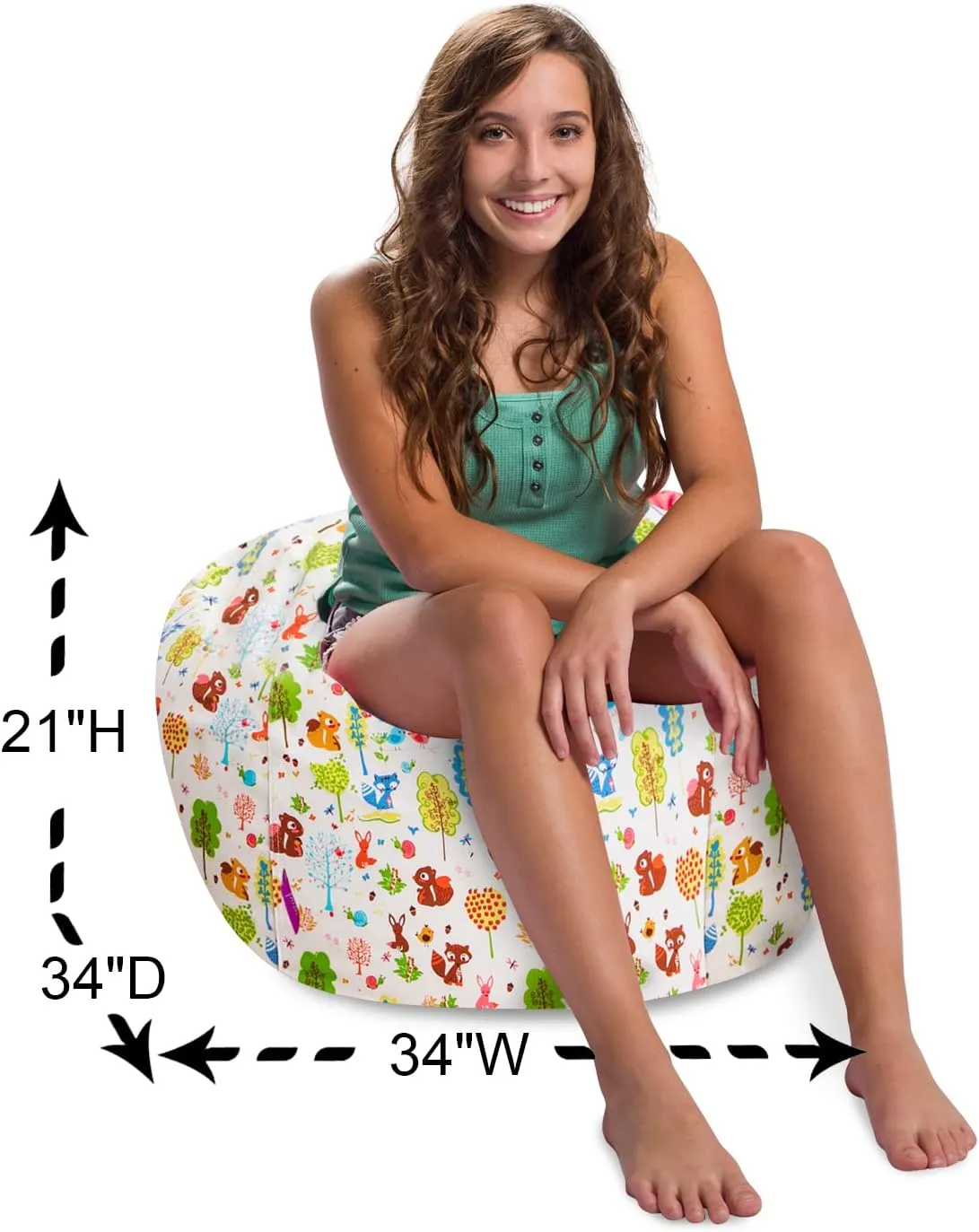 Posh Creations Structured Comfy Bean Bag Chair for Gaming, Reading, and Watching TV, 100in Round Classic Bean Bag, Canvas - Forest Critters on White