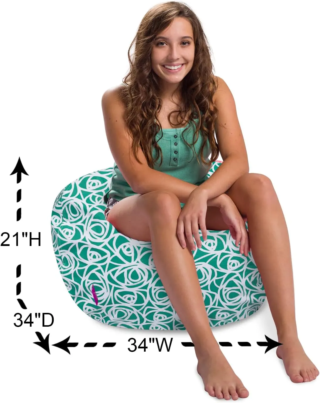 Posh Creations Structured Comfy Bean Bag Chair for Gaming, Reading, and Watching TV, 100in Round Classic Bean Bag, Canvas - Roses Mint
