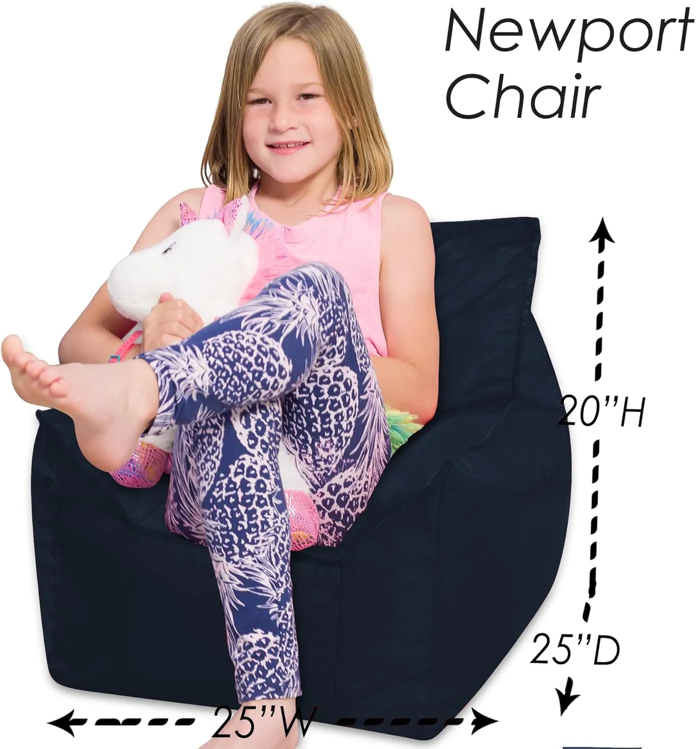 Posh Creations Structured Comfy Bean Bag Chair for Gaming, Reading, and Watching TV, Newport Chair, Microsuede - Navy Blue