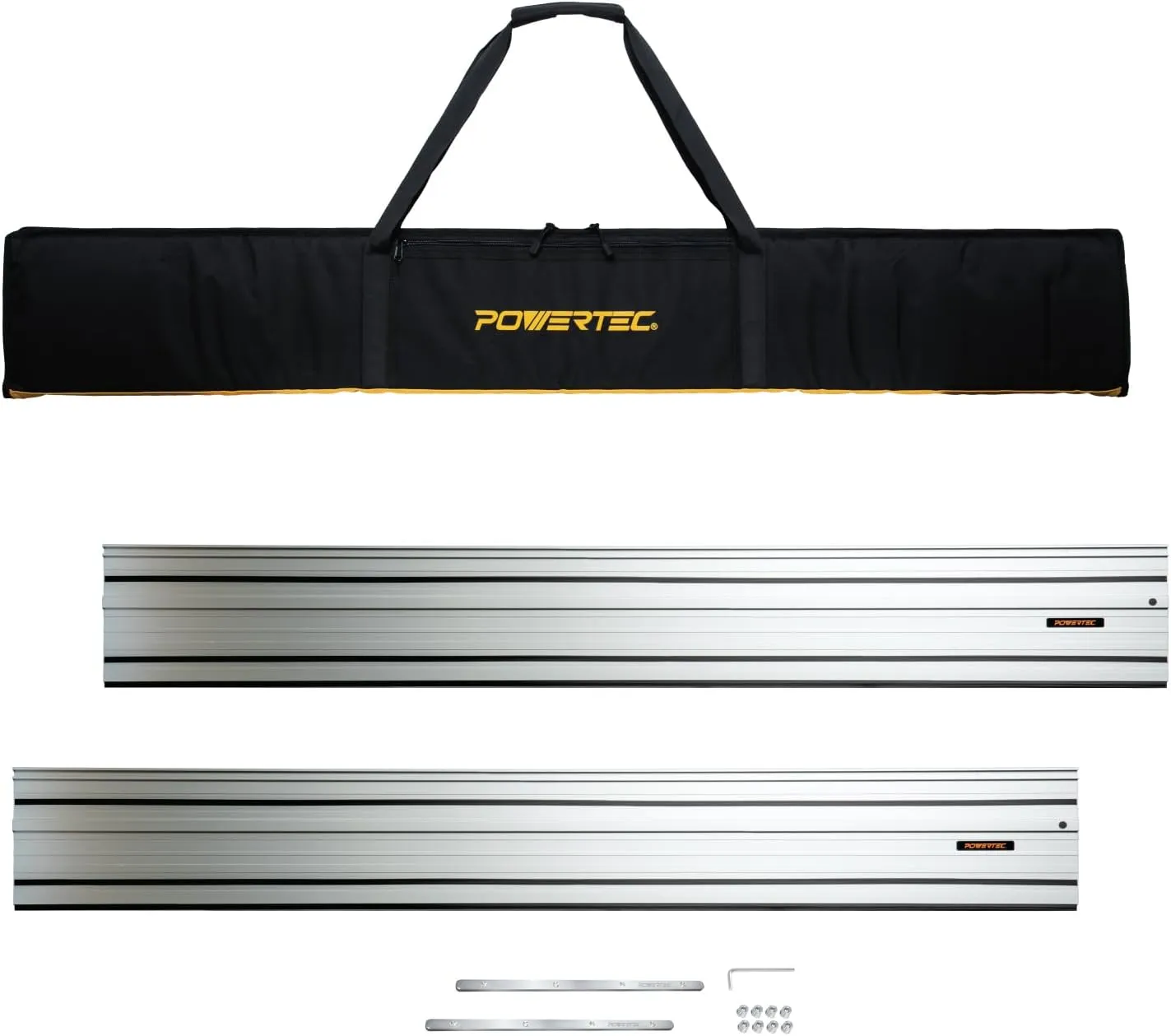 POWERTEC 110" Track Saw Guide Rail Joining Set for Kreg Track Saws, Include 2x55" Extruded Aluminum Guide Rail, 2 Rail Extension Connectors and Protective Carrying Bag (71992)