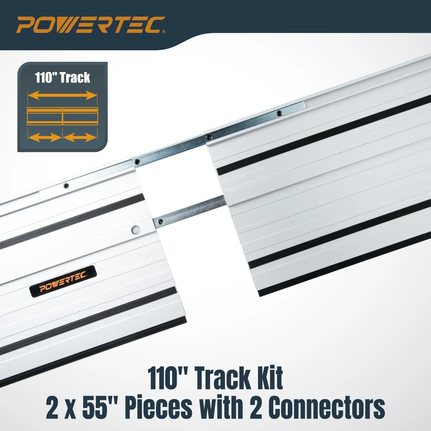 POWERTEC 110" Track Saw Guide Rail Joining Set for Kreg Track Saws, Include 2x55" Extruded Aluminum Guide Rail, 2 Rail Extension Connectors and Protective Carrying Bag (71992)