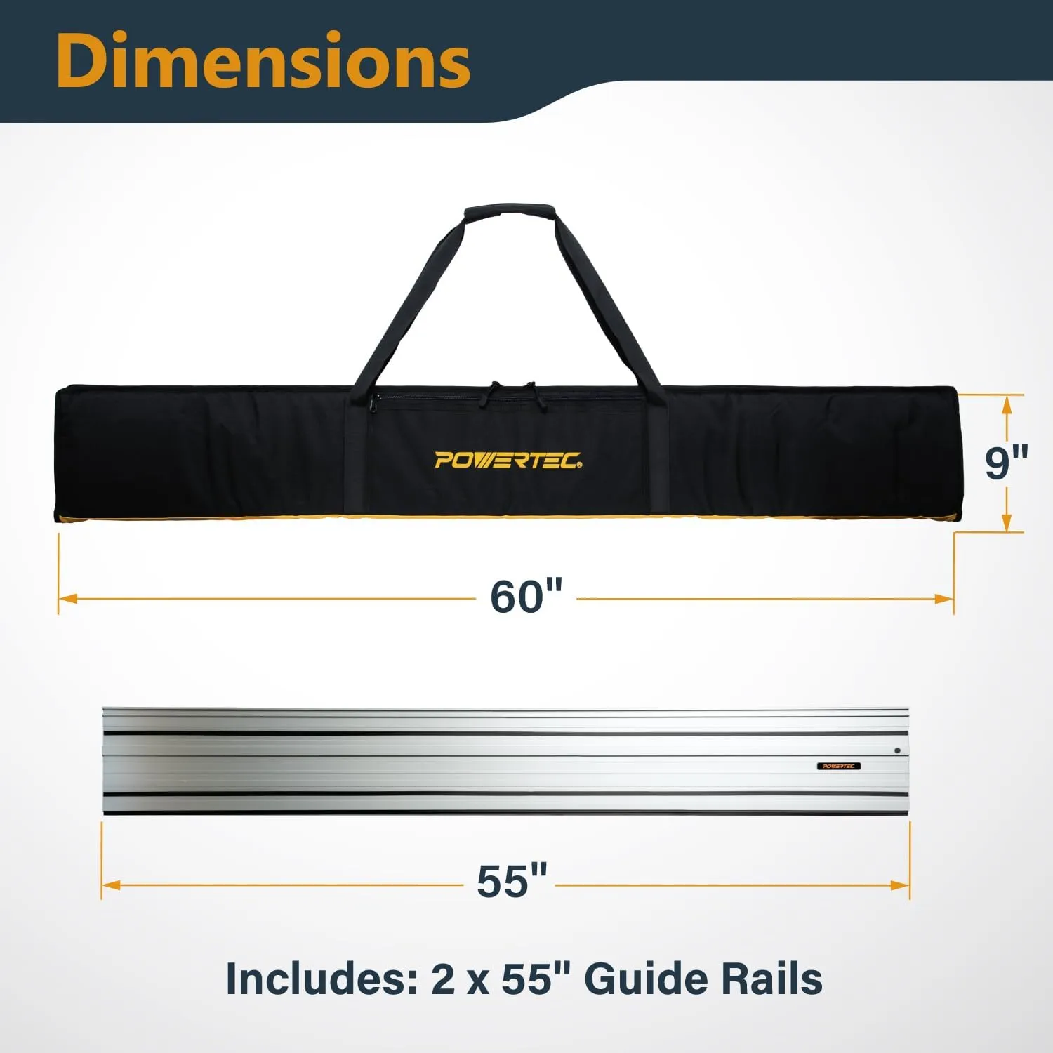 POWERTEC 110" Track Saw Guide Rail Joining Set for Kreg Track Saws, Include 2x55" Extruded Aluminum Guide Rail, 2 Rail Extension Connectors and Protective Carrying Bag (71992)