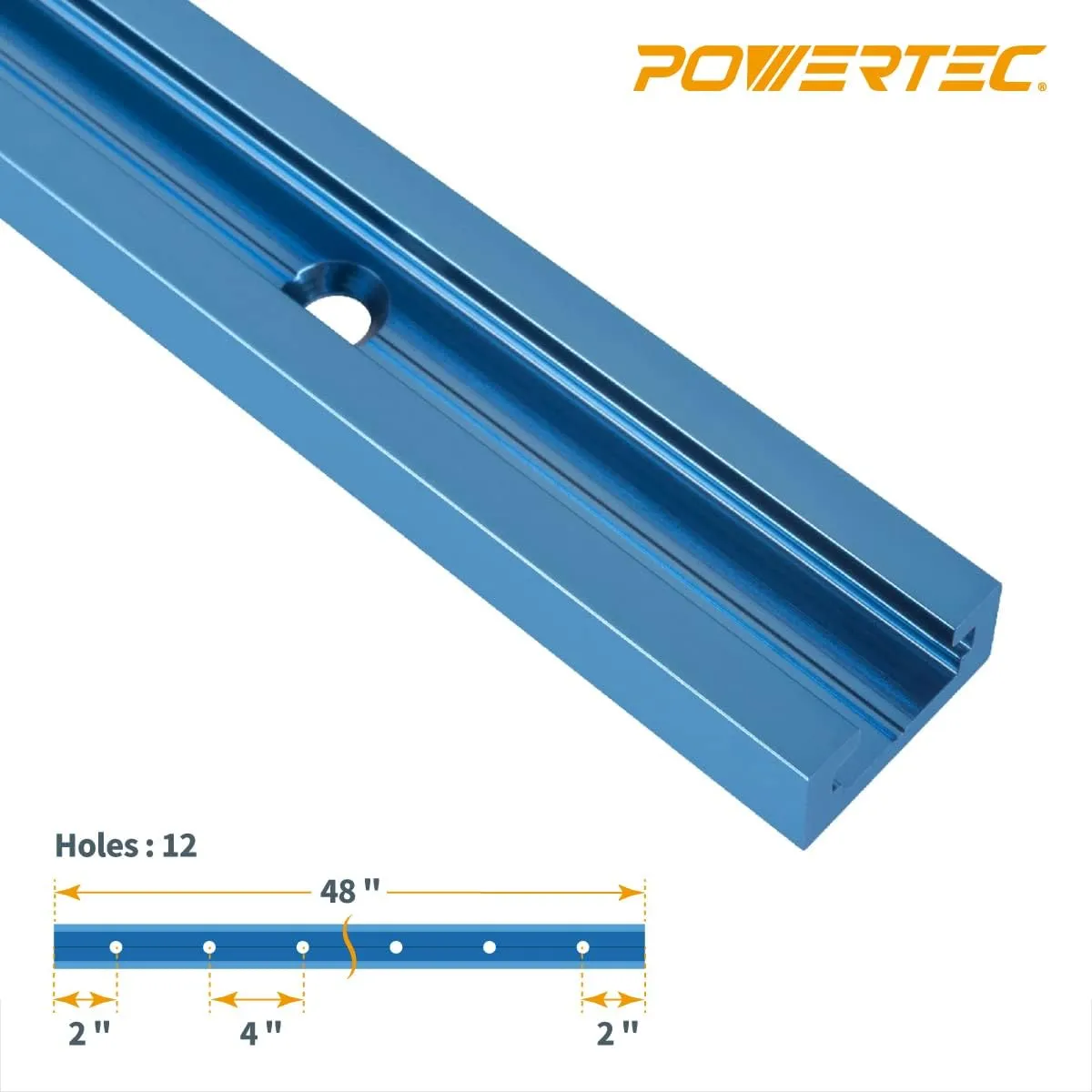 POWERTEC 71373V 48 Inch Double-Cut Profile Universal T-Track with Predrilled Mounting Holes, 4 Pack, T Track for Woodworking Jigs and Fixtures, Drill Press Table, Router Table, Workbench