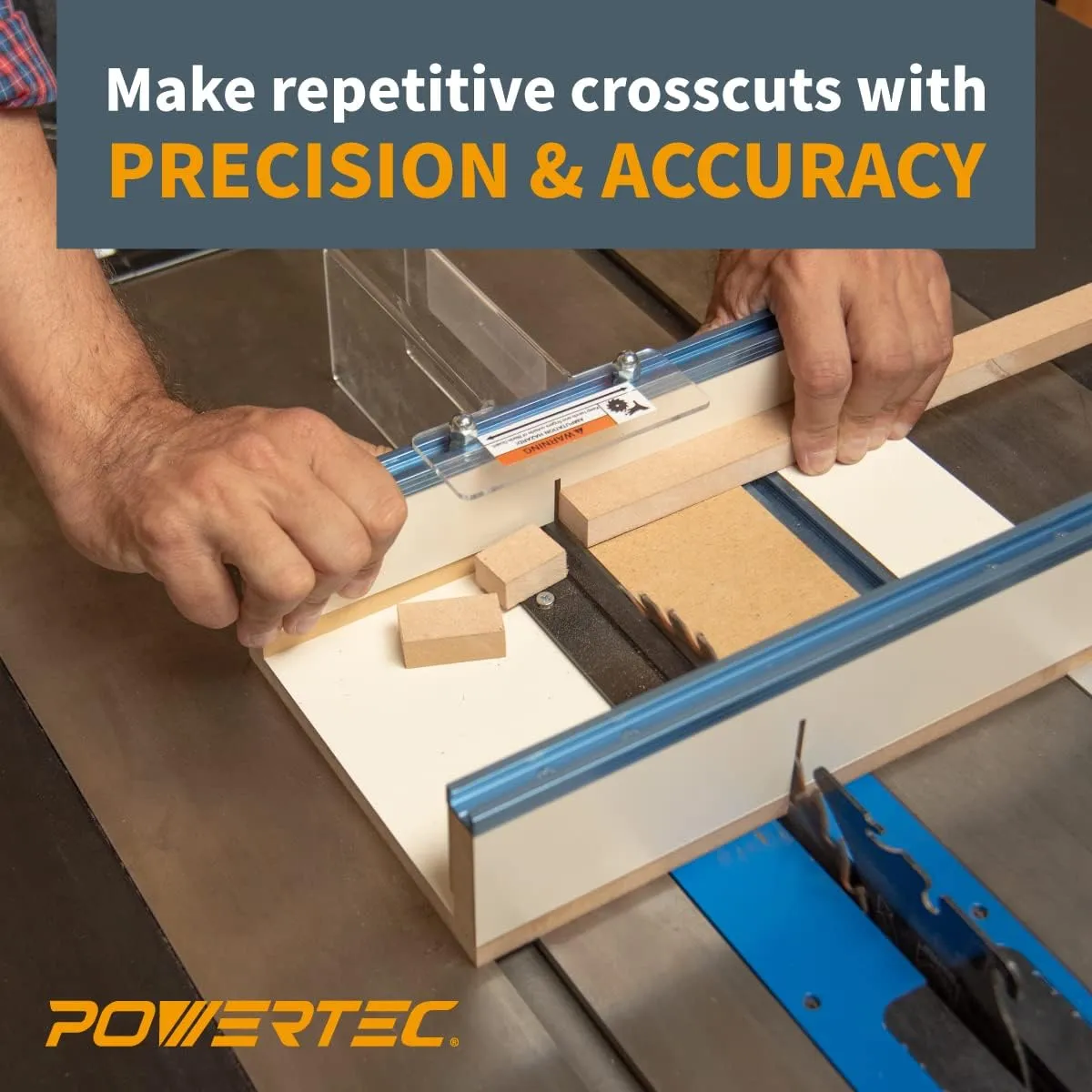 POWERTEC Table Saw Small Parts Crosscut Sled Kit w/Blade Guard, Aluminum Miter Bar, Miter Slot Stop & MDF Zero-Clearance Fence Support for Woodworking