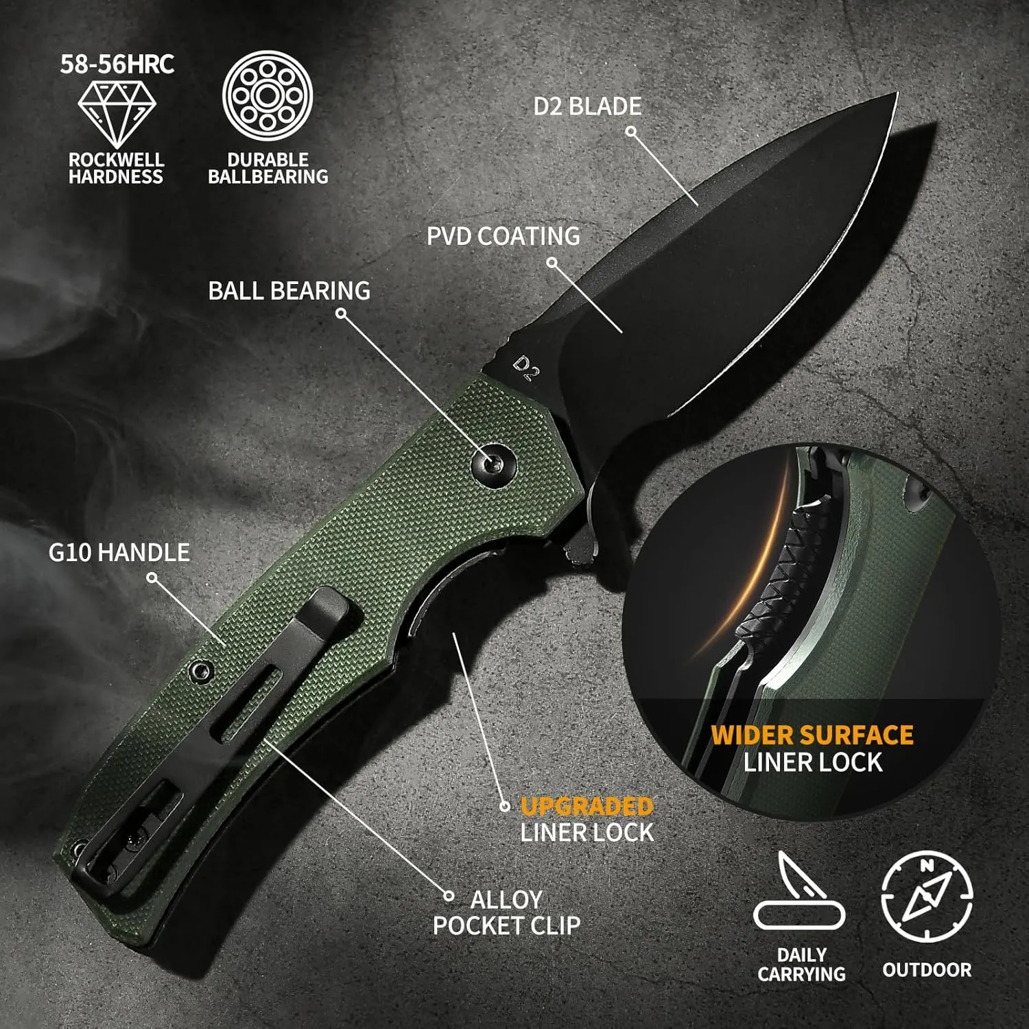Praxis Pocket Knife, 2.9" D2 Steel Folding Knife with G10 Handle PVD Titanium Coating Blade Lightweight for every day carry
