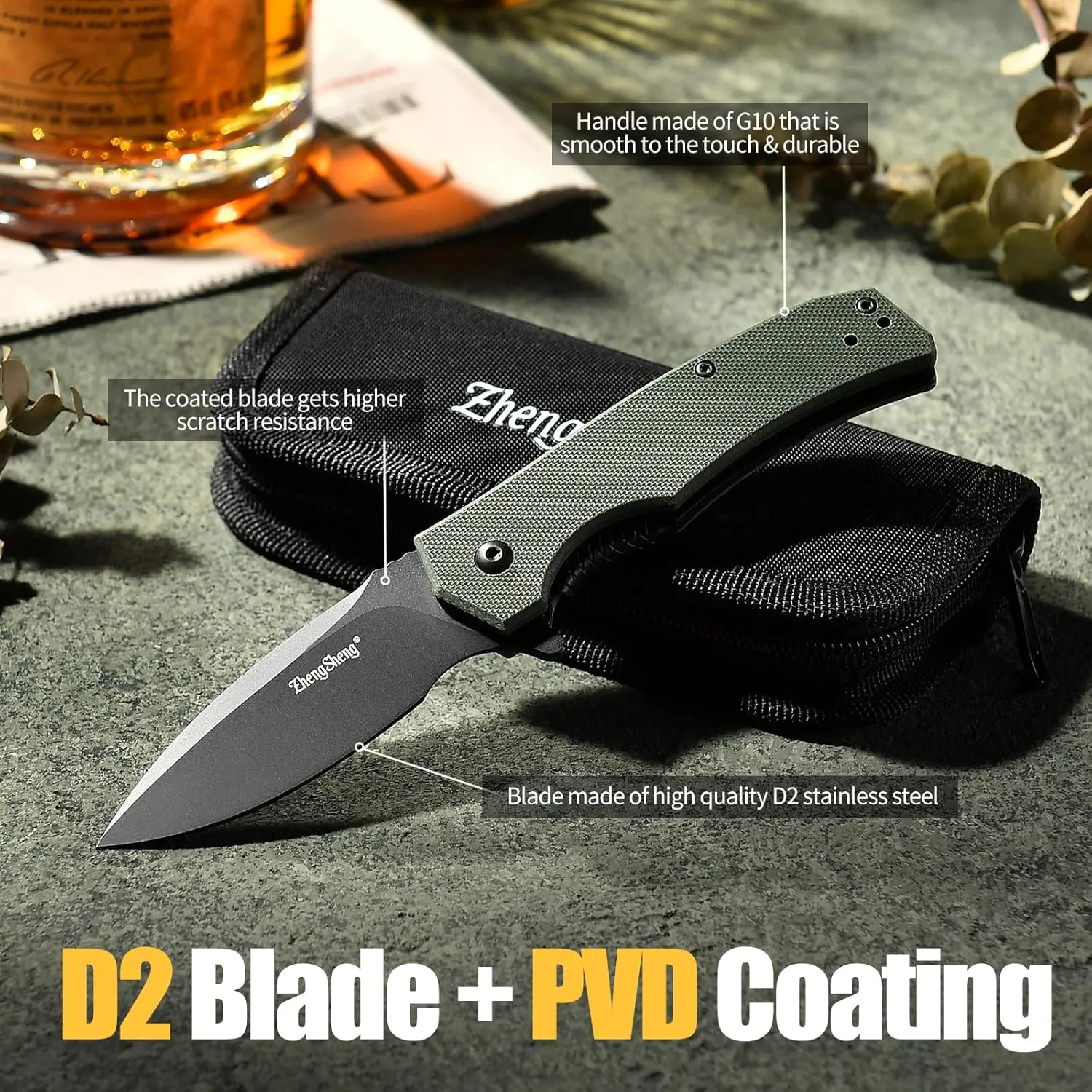 Praxis Pocket Knife, 2.9" D2 Steel Folding Knife with G10 Handle PVD Titanium Coating Blade Lightweight for every day carry