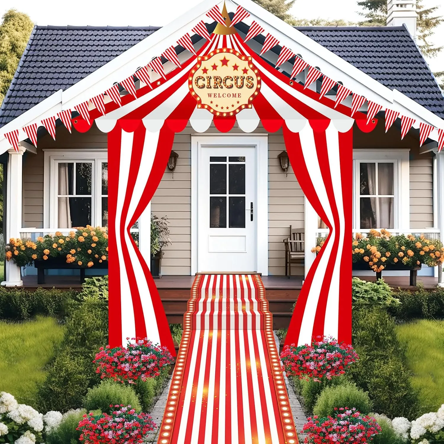 Preboun 9 Pcs Circus Tent Decorations Carnival Party Decorations Entryway Door Awning Decoration Red and White Striped Hanging Banner Aisle Runners Pennant Banner String Lights for Circus Birthday