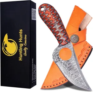 Predator Hunter - Handmade Damascus Knife with Leather Sheath - For Skinning, Camping, Outdoor - EDC 7” Fixed Blade Bushcraft Knives | Red Black Exotic Wood Handle