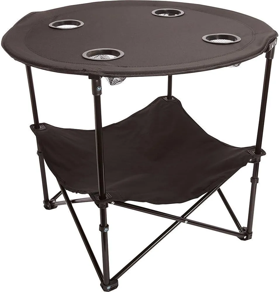 Preferred Nation | 2 Tier Folding Camping Table with 4 Mesh Cup Holders Black | Polyester with Metal Frame | Compact, Convenient Carry Case Included | Side Table for Tailgate
