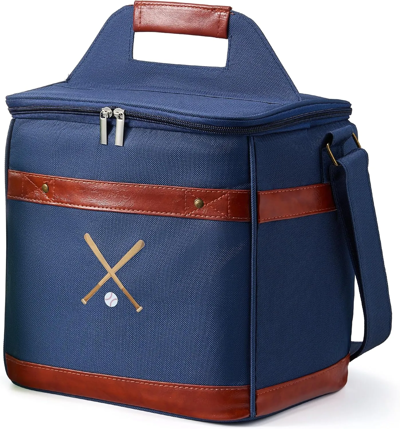 Premium Insulated Cooler, Baseball Soft-Sided Bag - Lunch, Beer & Drink Carrier for Tailgating, Game Day, Golf & Outdoor Sports - Holds 12 Bottles, 18 Cans - Leather Accents, Shoulder Strap (15L)