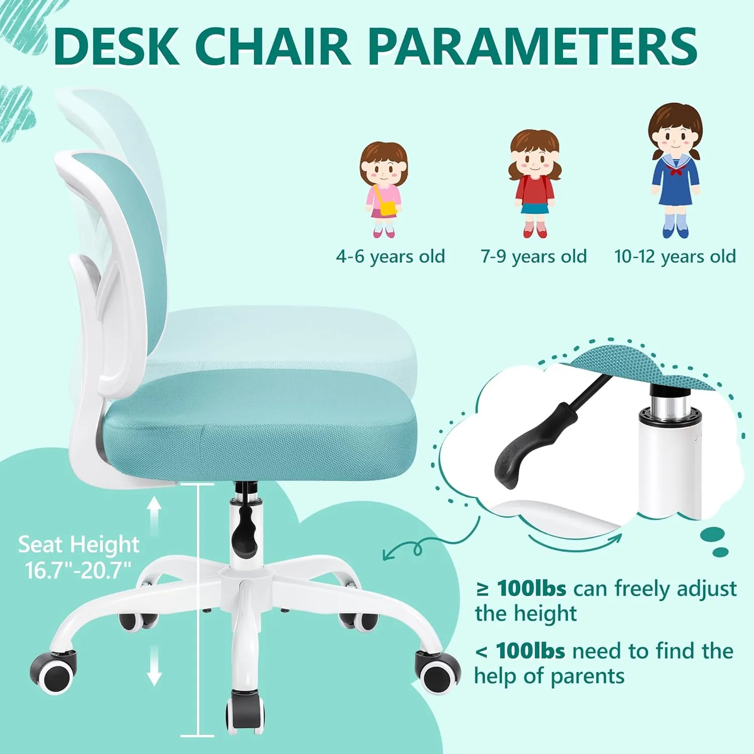 Primy Kids Desk Chair, Pink Study Chair for Boys Girls with Height Adjustable, Swivel Mesh Task Student Chairs for 4-12, Growing Teen Office Chair for Home/School/Office (Teal)