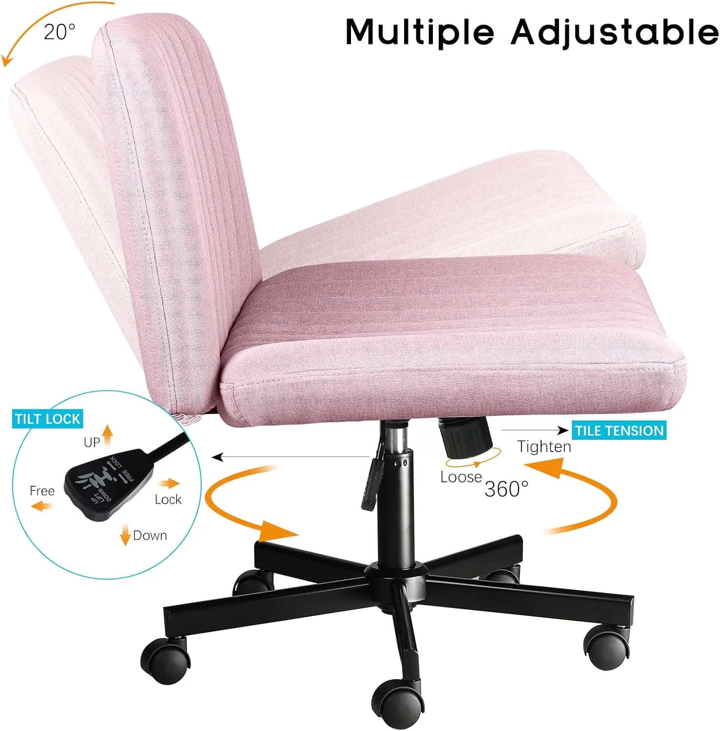 PUKAMI Criss Cross Chair with Wheels,Fabric Padded Armless Cross Legged Office Desk Chair for Home Office,Modern Swivel Height Adjustable Wide Seat Computer Task Vanity Chair(Pink)