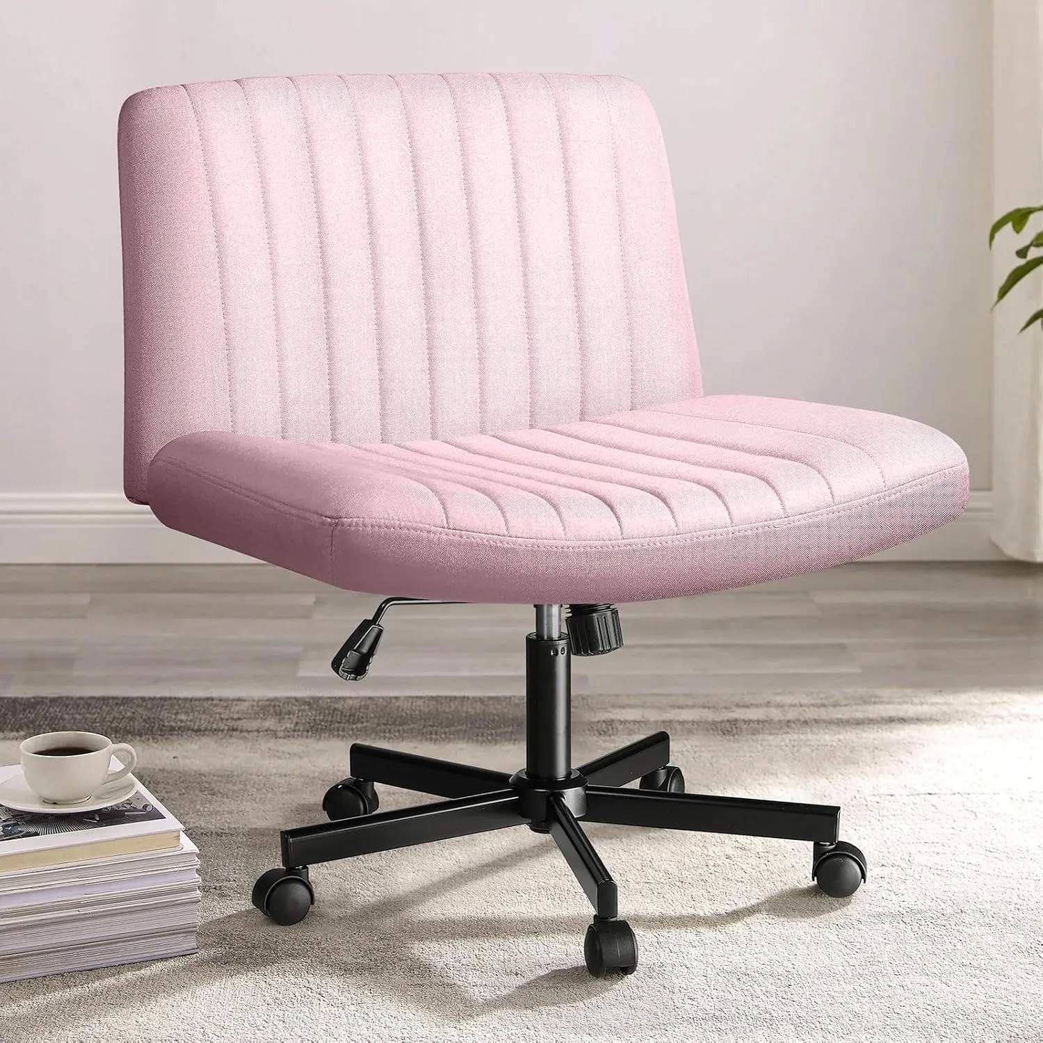 PUKAMI Criss Cross Chair with Wheels,Fabric Padded Armless Cross Legged Office Desk Chair for Home Office,Modern Swivel Height Adjustable Wide Seat Computer Task Vanity Chair(Pink)