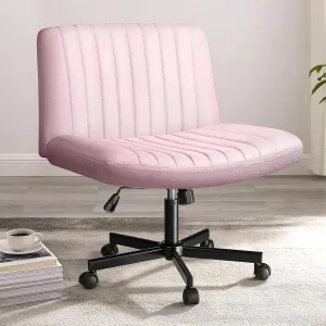 PUKAMI Criss Cross Chair with Wheels,Fabric Padded Armless Cross Legged Office Desk Chair for Home Office,Modern Swivel Height Adjustable Wide Seat Computer Task Vanity Chair(Pink)