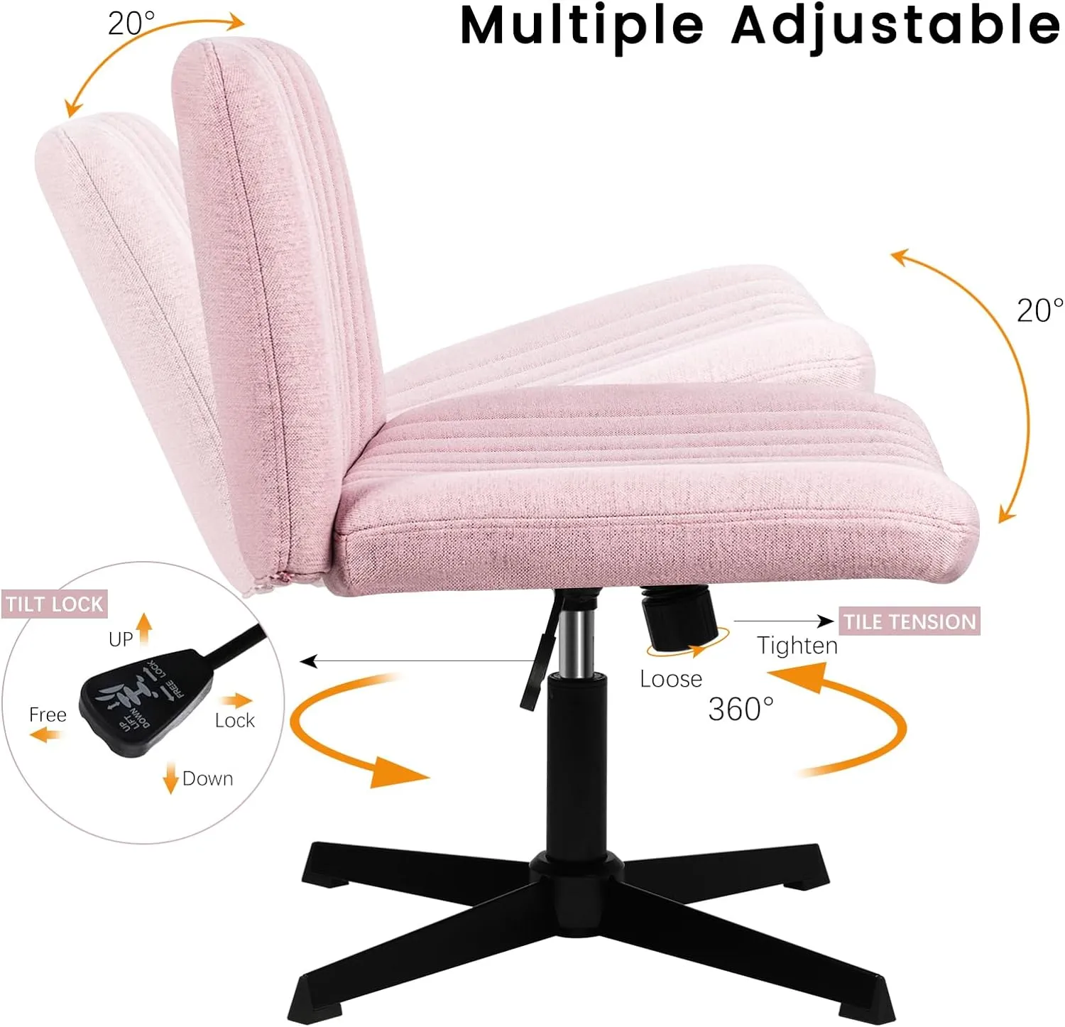 PUKAMI Criss Cross Chair,Armless Cross Legged Office Desk Chair No Wheels,Fabric Padded Modern Swivel Height Adjustable Mid Back Wide Seat Computer Task Vanity Chair for Home Office(Pink)