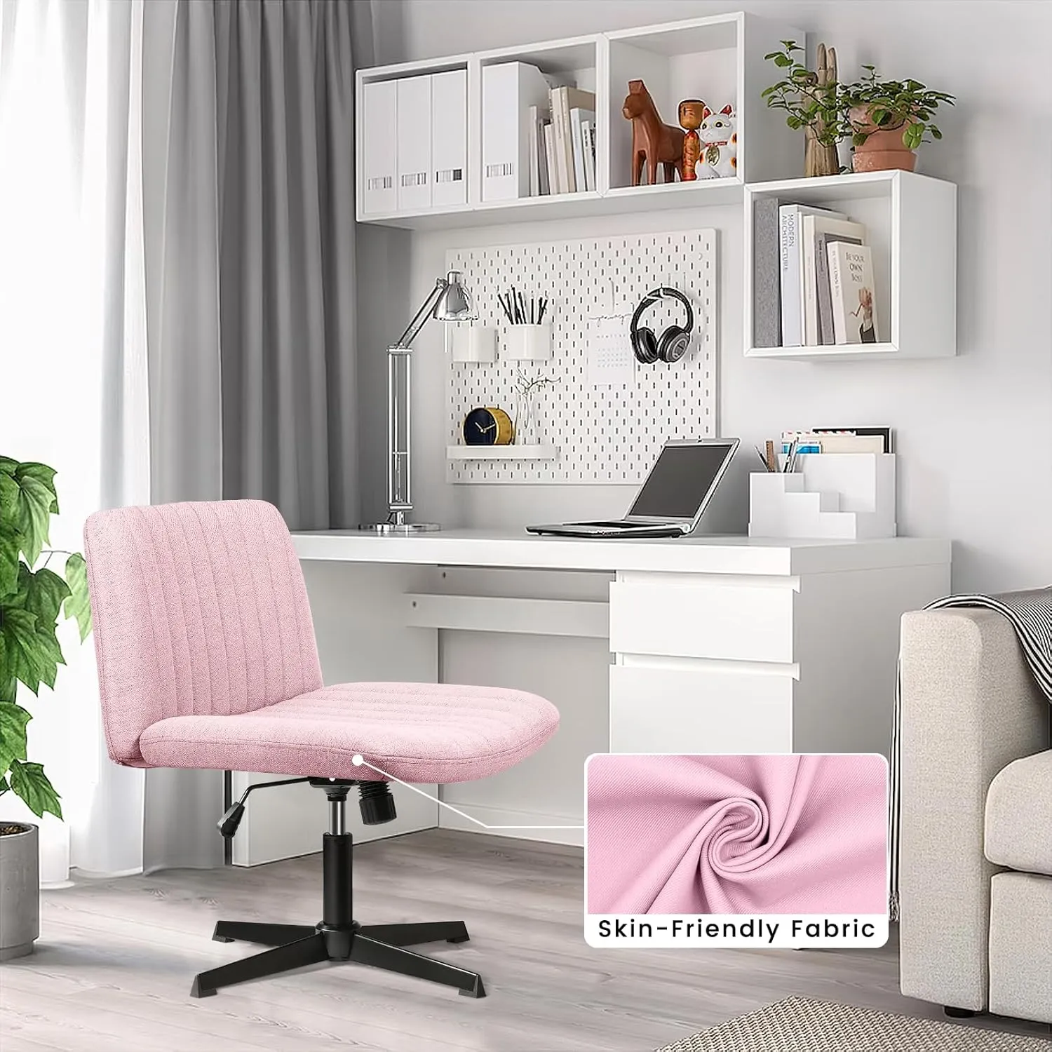 PUKAMI Criss Cross Chair,Armless Cross Legged Office Desk Chair No Wheels,Fabric Padded Modern Swivel Height Adjustable Mid Back Wide Seat Computer Task Vanity Chair for Home Office(Pink)