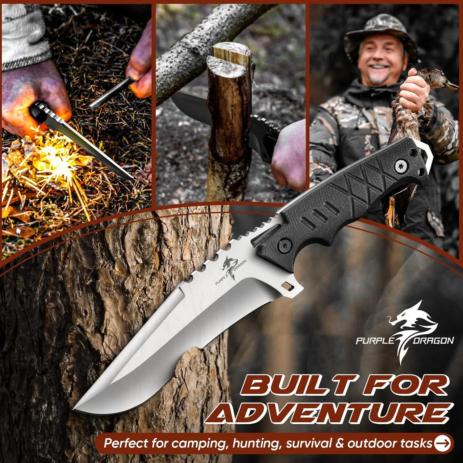 Purple Dragon Fixed Blade Knife with Kydex Sheath - D2 Steel Survival Knives for Camping, Bushcraft, Hunting - Ergonomic G10 Handle Outdoor Survival Gear Gift for Men(Black)