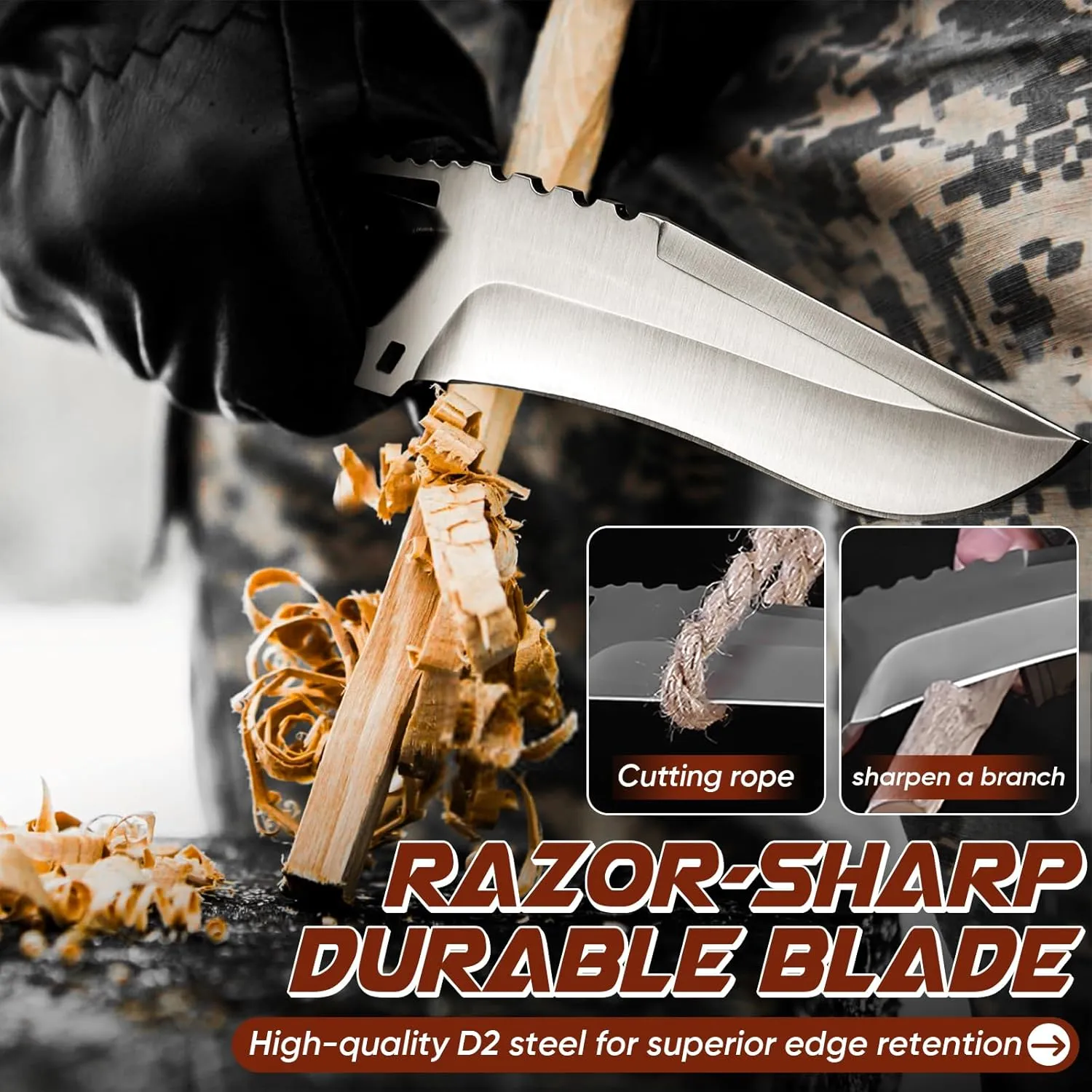 Purple Dragon Fixed Blade Knife with Kydex Sheath - D2 Steel Survival Knives for Camping, Bushcraft, Hunting - Ergonomic G10 Handle Outdoor Survival Gear Gift for Men(Black)