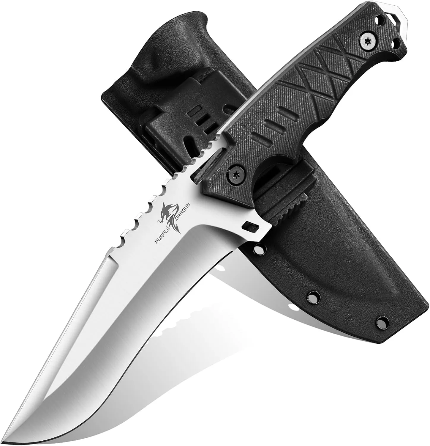 Purple Dragon Fixed Blade Knife with Kydex Sheath - D2 Steel Survival Knives for Camping, Bushcraft, Hunting - Ergonomic G10 Handle Outdoor Survival Gear Gift for Men(Black)