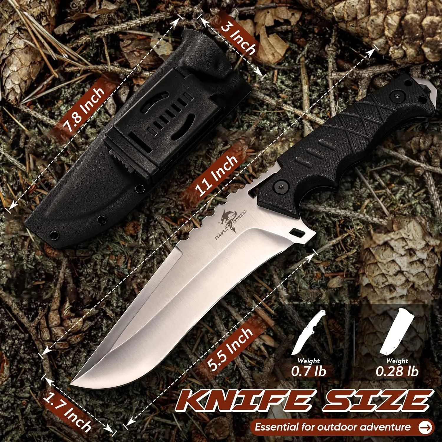Purple Dragon Fixed Blade Knife with Kydex Sheath - D2 Steel Survival Knives for Camping, Bushcraft, Hunting - Ergonomic G10 Handle Outdoor Survival Gear Gift for Men(Black)