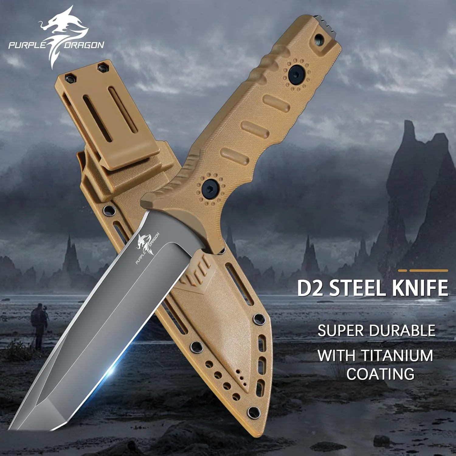 Purple Dragon Khaki Survival Knife with Kydex Sheath, Full Tang Fixed Blade Hunting Knife Made from a Single Piece of D2 Steel, Field Knife for Bushcraft Camping and Hunting, Gifts for Men
