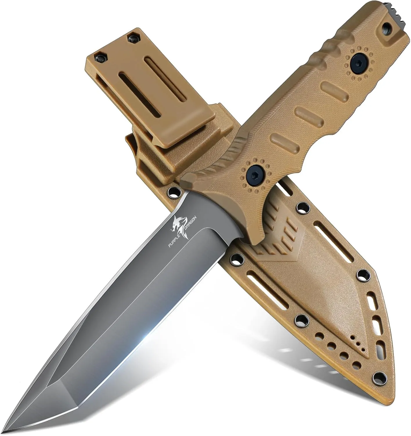 Purple Dragon Khaki Survival Knife with Kydex Sheath, Full Tang Fixed Blade Hunting Knife Made from a Single Piece of D2 Steel, Field Knife for Bushcraft Camping and Hunting, Gifts for Men