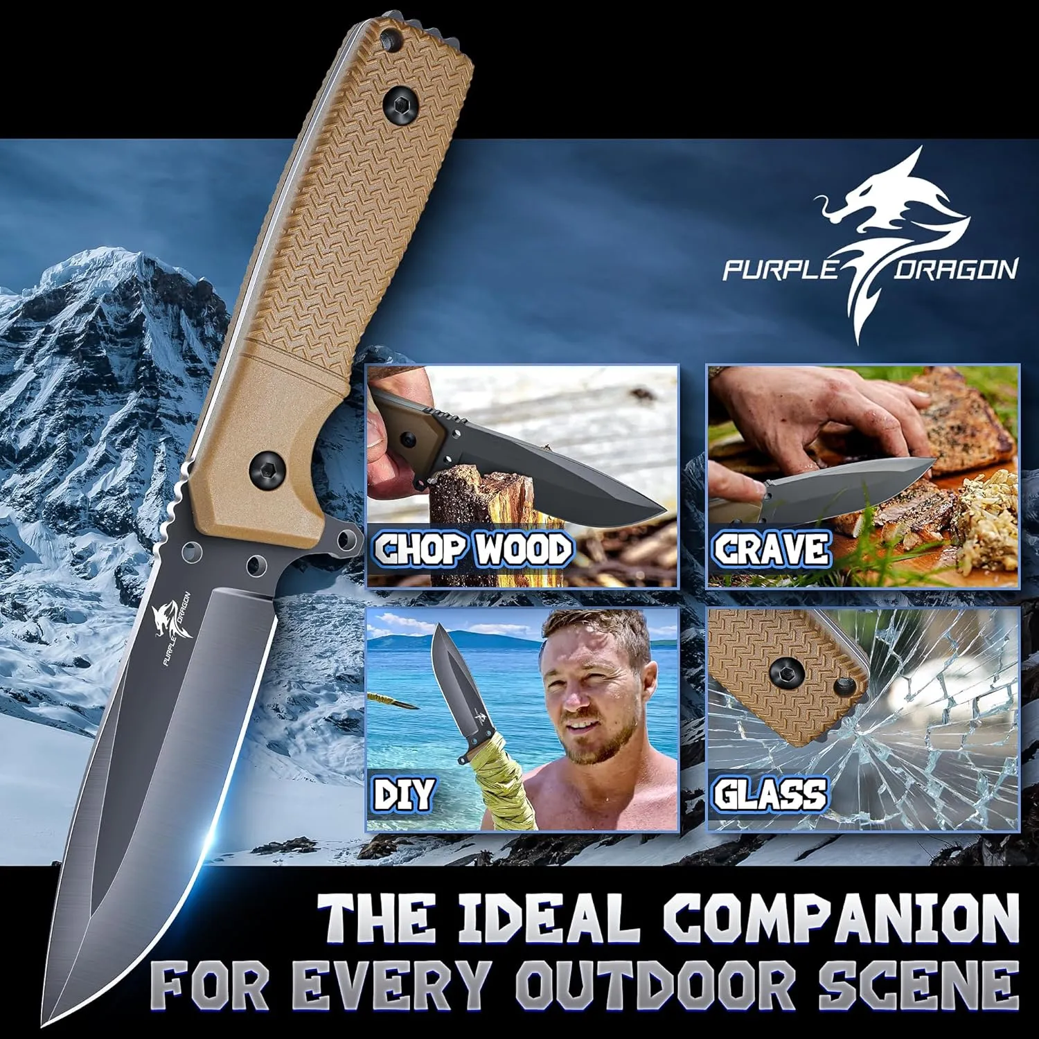 Purple Dragon Khaki Survival Knife with Kydex Sheath, Full Tang Fixed Blade Made from D2 Steel, Field Knife for Bushcraft, Camping and Hunting, Gifts for Men