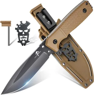 Purple Dragon Khaki Survival Knife with Kydex Sheath, Full Tang Fixed Blade Made from D2 Steel, Field Knife for Bushcraft, Camping and Hunting, Gifts for Men