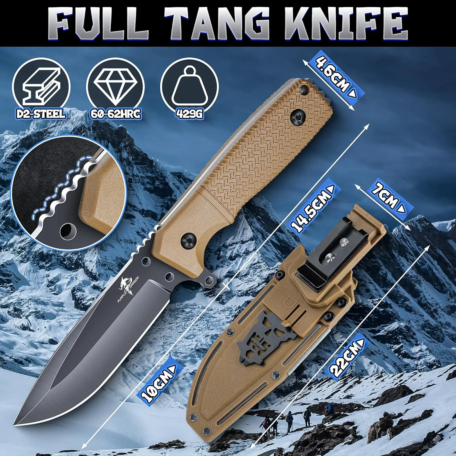 Purple Dragon Khaki Survival Knife with Kydex Sheath, Full Tang Fixed Blade Made from D2 Steel, Field Knife for Bushcraft, Camping and Hunting, Gifts for Men