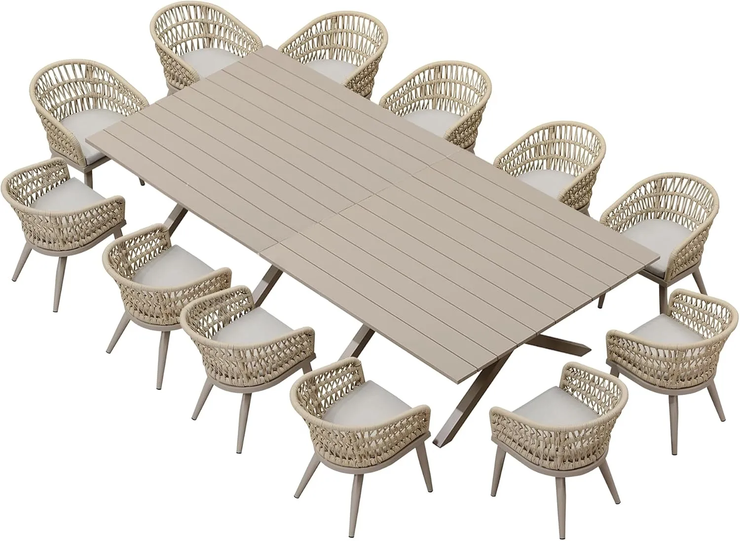 PURPLE LEAF 14 Pieces Outdoor Dining Set All-Weather PE Rattan Outdoor Patio Furniture Set with All Aluminum Frame Rectangular Table and Chairs Set for Lawn Garden Backyard Deck, Champagne