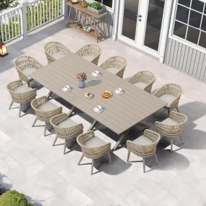 PURPLE LEAF 14 Pieces Outdoor Dining Set All-Weather PE Rattan Outdoor Patio Furniture Set with All Aluminum Frame Rectangular Table and Chairs Set for Lawn Garden Backyard Deck, Champagne