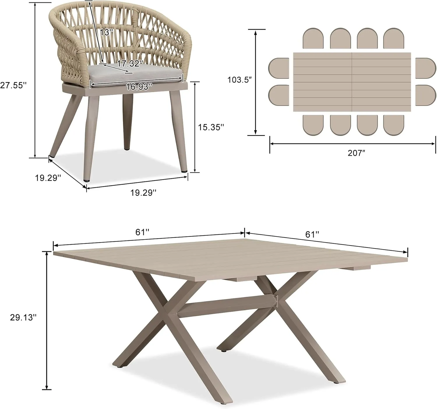 PURPLE LEAF 14 Pieces Outdoor Dining Set All-Weather PE Rattan Outdoor Patio Furniture Set with All Aluminum Frame Rectangular Table and Chairs Set for Lawn Garden Backyard Deck, Champagne