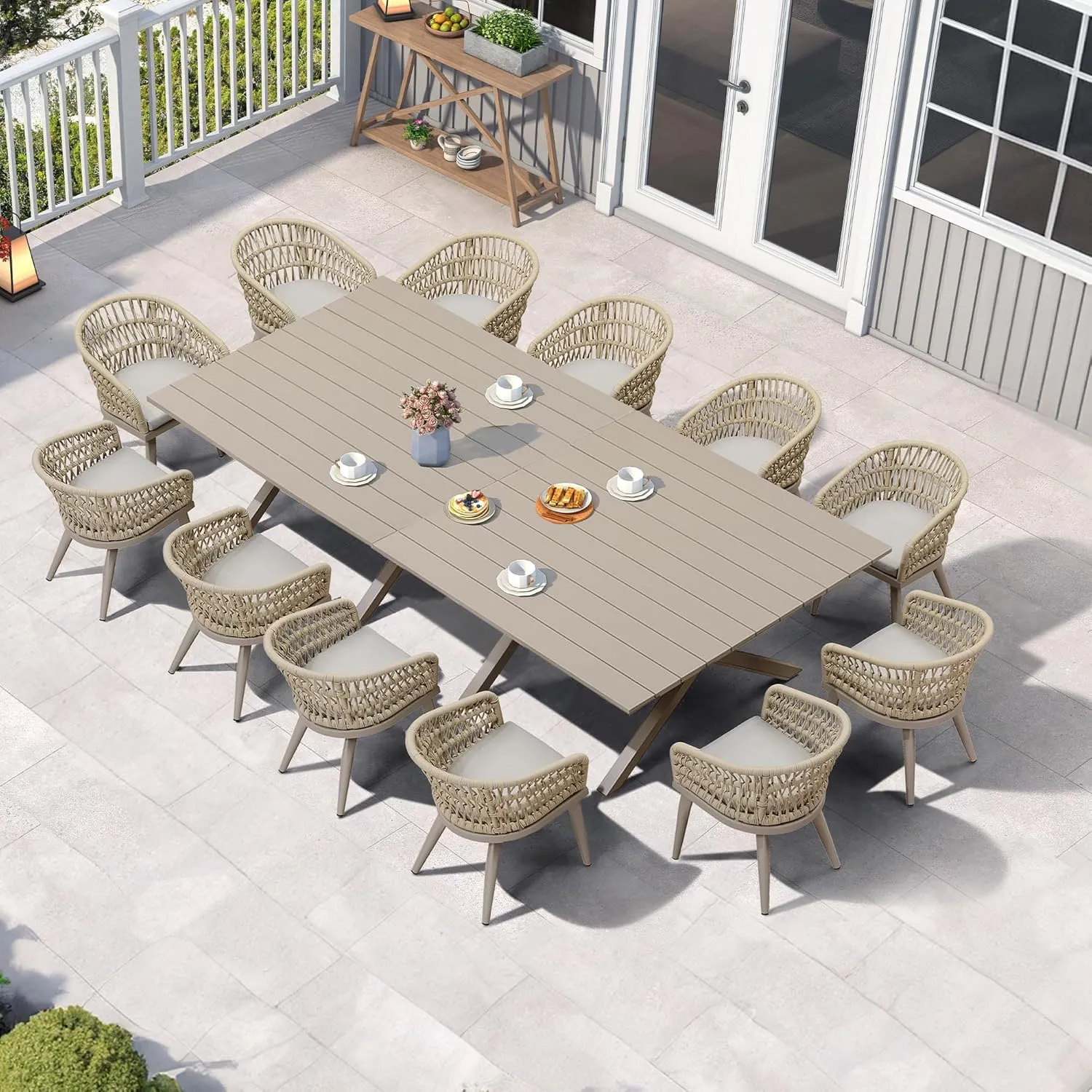 PURPLE LEAF 14 Pieces Outdoor Dining Set All-Weather PE Rattan Outdoor Patio Furniture Set with All Aluminum Frame Rectangular Table and Chairs Set for Lawn Garden Backyard Deck, Champagne