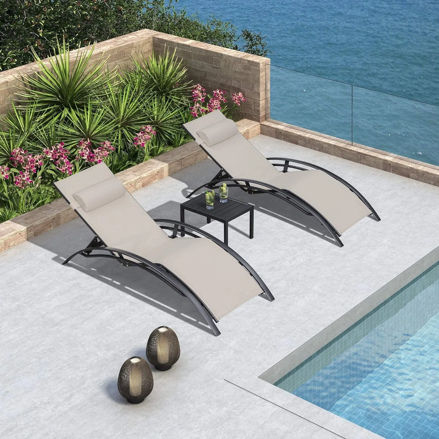 PURPLE LEAF Patio Chaise Lounge Chair Set with 2 Side Table Outdoor Pool Adjustable Recliner Chairs for Outside Beach Poolside Sunbathing Tanning Lounger