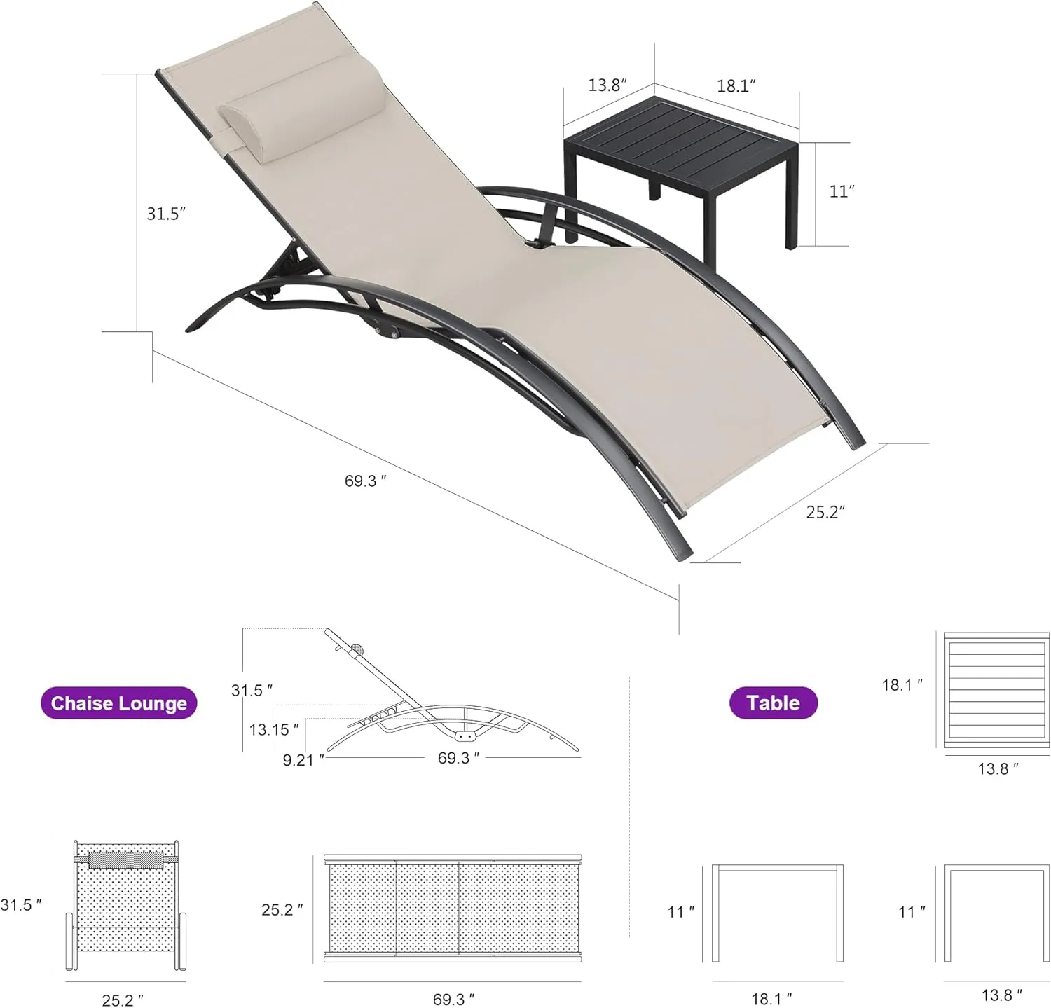 PURPLE LEAF Patio Chaise Lounge Chair Set with 2 Side Table Outdoor Pool Adjustable Recliner Chairs for Outside Beach Poolside Sunbathing Tanning Lounger