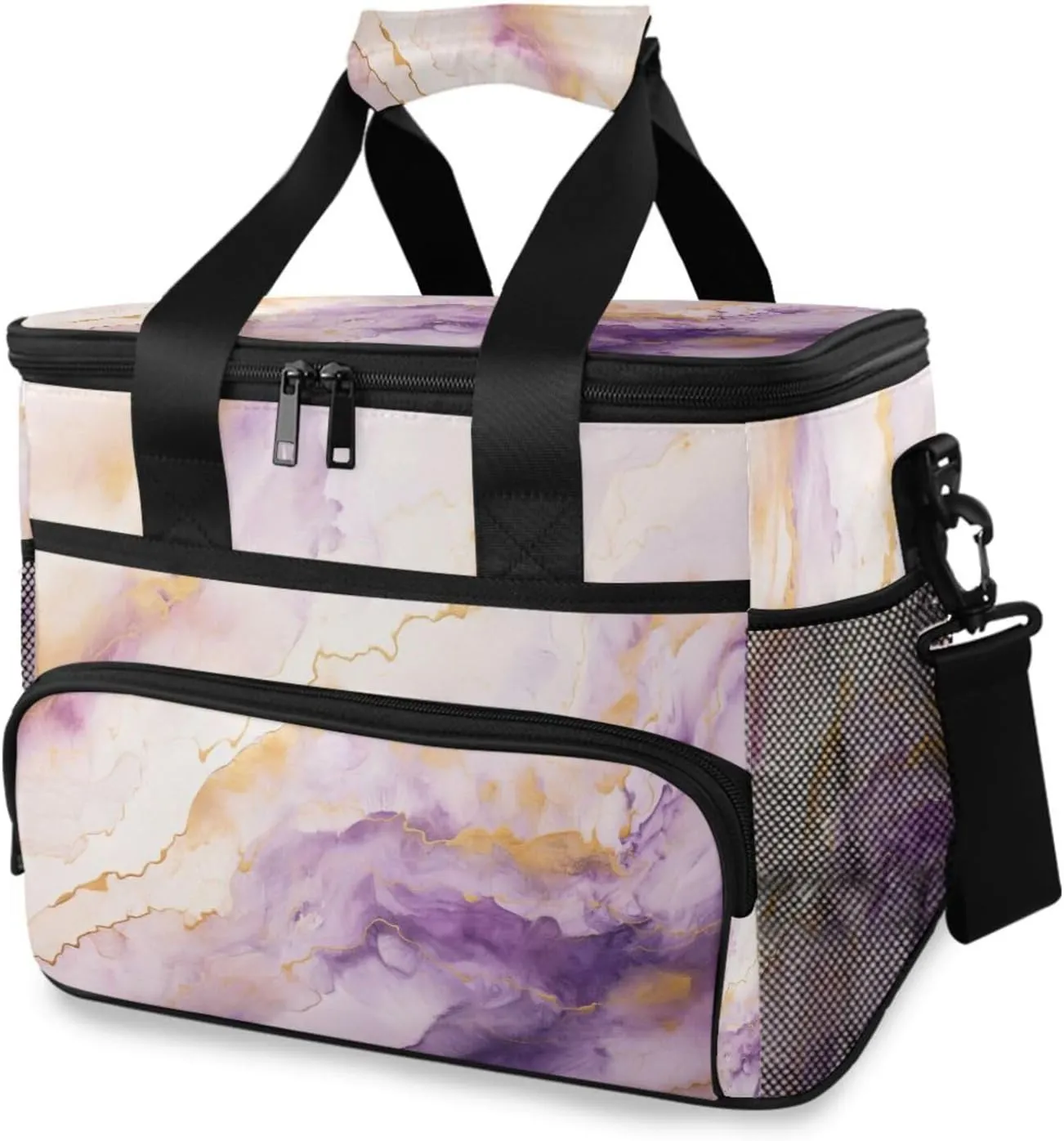 Purple Marble Gold Fluid White Cooler Bag Insulated Cooler Soft Sided Cooler 24 Can Portable Picnic Bag Large Leakproof Lunch Bag Box for Beach Grocery Camping Travel Car Men Women